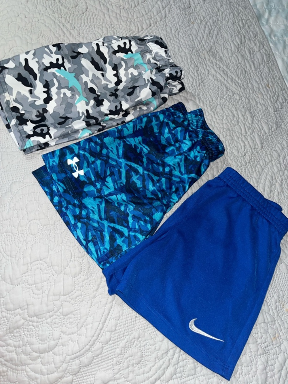 Under Armour Boys Blue Teal Camo Athletic Shorts Trio